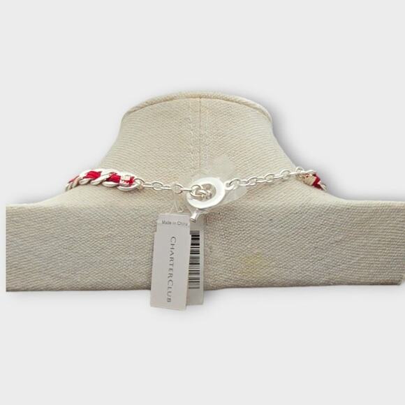 Charter Club Red Ribbon Chain Heart Pendant Necklace NWT Silver Tone - Picture 6 of 8